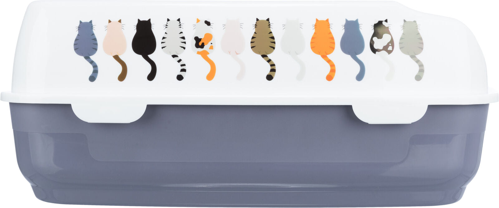 Geschlossene Katzentoilette mit weißem Deckel und mehreren bunten Katzenabbildungen auf der Oberseite des Deckels.