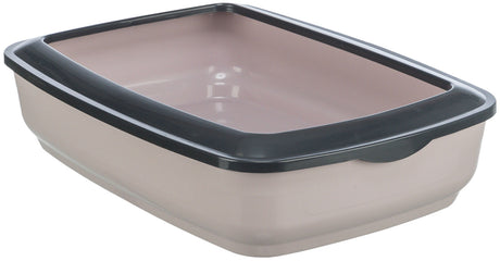 Rechteckige, offene Katzentoilette in Beige mit schwarzem Rand, aus Kunststoff gefertigt.