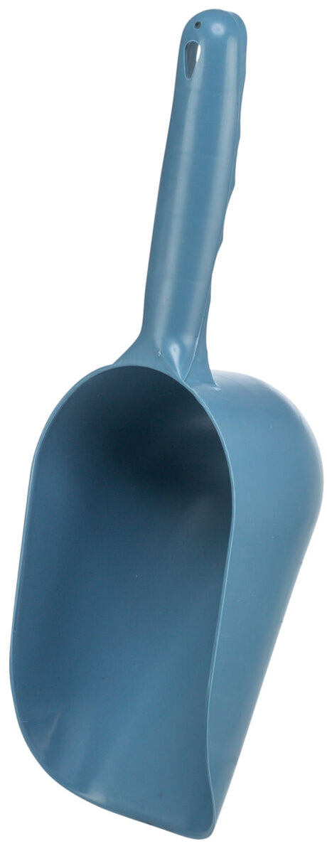 Blauer Kunststoffschaufel mit langem Griff, geeignet zum Schöpfen von Materialien, oval geformte Schaufelfläche.