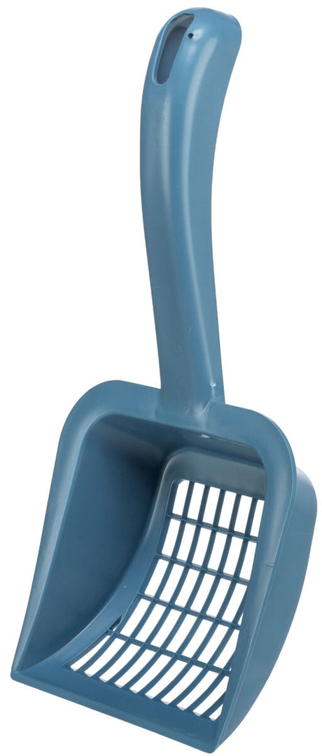 Blaues Plastik-Kattschaufel mit langem Griff und Gitterstruktur, geeignet zum Reinigen von Katzenstreu.