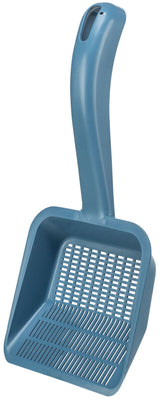 Blaue Katzenschaufel aus Kunststoff mit langen Schlitzen und ergonomischem Griff.