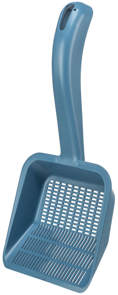 Blaue Katzenschaufel aus Kunststoff mit langen Schlitzen und ergonomischem Griff.