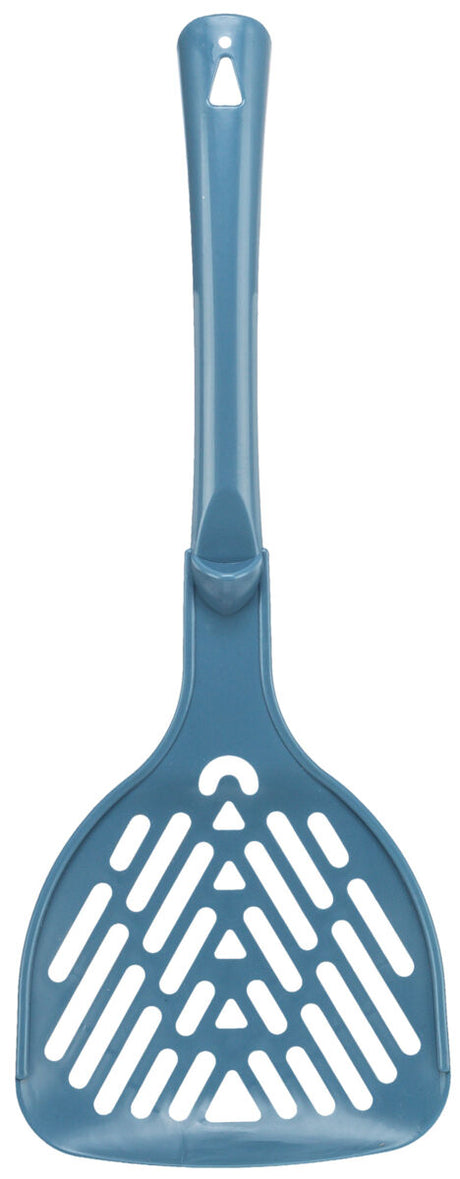Blaue Plastikschaufel mit langen Griff und dreieckig angeordneten Schlitzen in der Schaufelfläche.