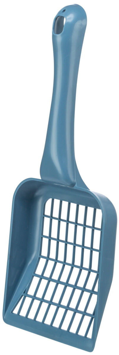 Blaue Schaufel mit Gitterstruktur und ergonomischem Griff, oben mit einer Öffnung versehen.