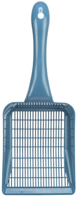 Blaue Plastikschaufel mit quadratischem Sieblöffel und langem Griff, der ein Loch für Aufhängung hat.