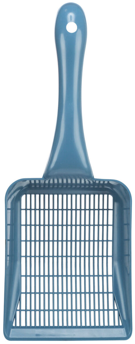 Blaue Plastikschaufel mit quadratischem Sieblöffel und langem Griff, der ein Loch für Aufhängung hat.