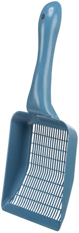 Blaue, rechteckige Kunststoffschaufel mit Gitterlöchern und langem, ergonomischem Griff.