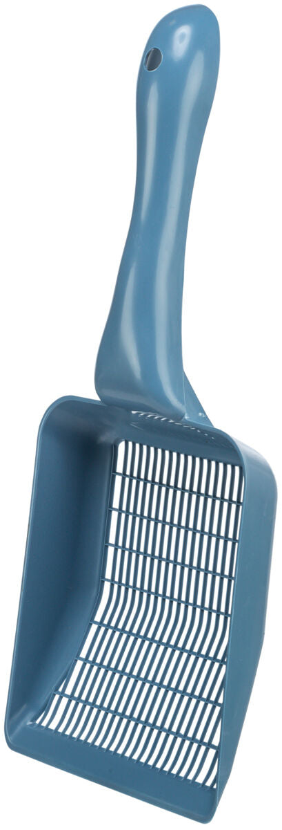 Blaue, rechteckige Kunststoffschaufel mit Gitterlöchern und langem, ergonomischem Griff.