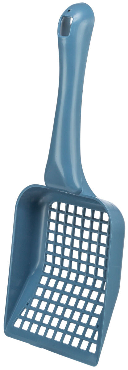 Blaue Schaufel mit Gitterstruktur und ergonomischem Griff, geeignet zur einfachen Reinigung.