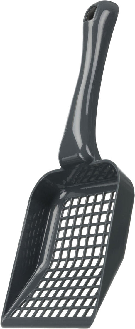 Graue Gitterstreuschaufel mit ergonomischem Griff, ideal zum Reinigen von Streumaterialien.