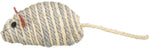 Spielzeugmaus aus beige-grauem, geflochtenem Seil mit roten Ohren und einer langen, beigen Schwanzschnur.