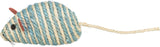 Spielzeug in Form einer Maus aus blauem und beigem Seil mit Schwanz, Augen und Schnurrhaaren aus schwarzen Fäden.