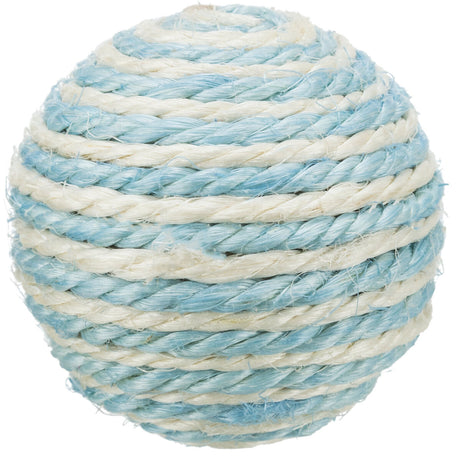 Runde Kugel aus verflochtenem, zweifarbigem Seil in Blau und Weiß.