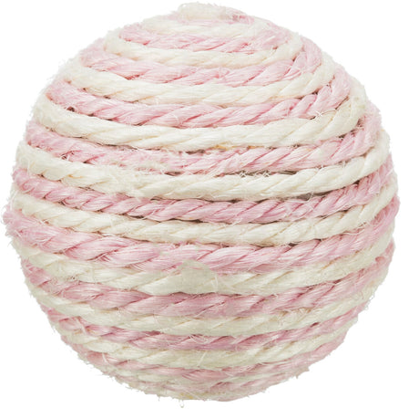 Kugel aus grobem Seilmaterial in abwechselnden rosa und weißen Schichten.