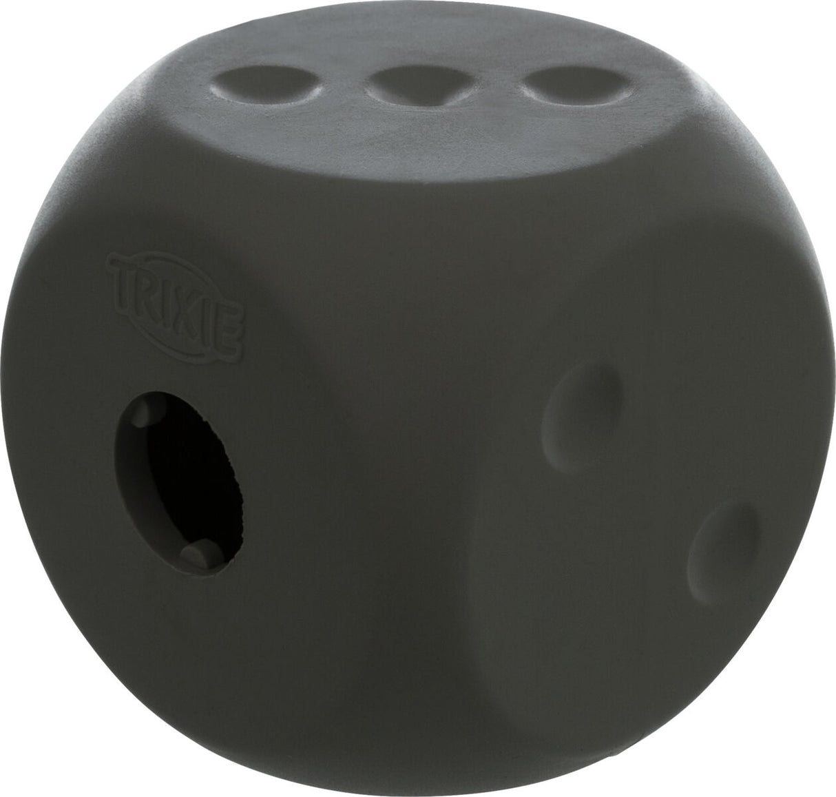 Grauer, würfelförmiger Spielzeugwürfel mit runden Vertiefungen und einem Loch, Markenname "Trixie" sichtbar.