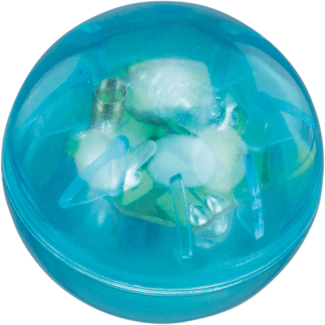 Blauer transparenter Ball mit mehreren weißen und metallischen Elementen im Inneren, glatt und rund.