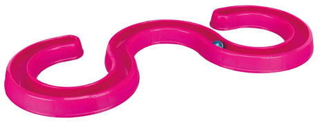 L-förmiges rosa Spielzeug mit gebogener Bahn und einer kleinen blauen Kugel im Inneren.