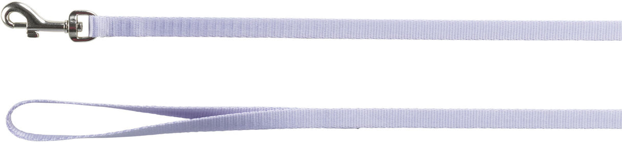 Lilafarbene Hundeleine mit silbernem Karabiner und Handschlaufe.