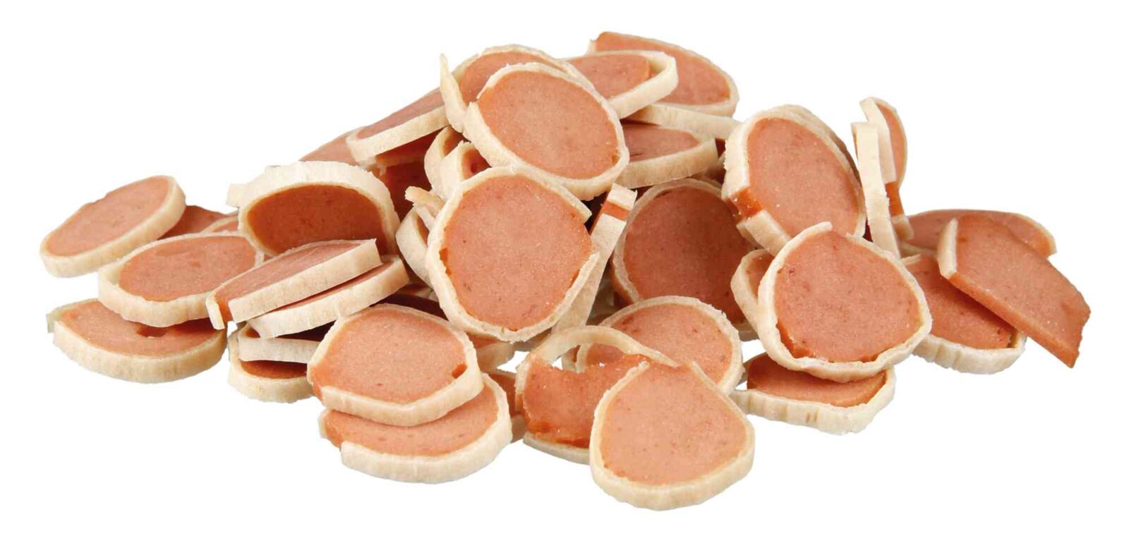 Ein Stapel runder, beige-weißer Snacks mit rötlicher Füllung, gleichmäßig geschnitten, auf weißem Hintergrund.