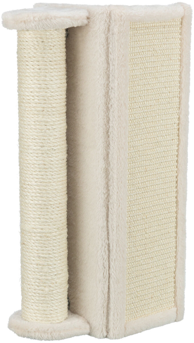 Kratzbrett mit beigem Plüsch und Kratzsäule aus Sisal, rechteckige Form, an der Wand montierbar.