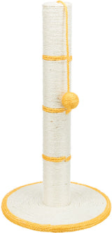 Kratzsäule aus beigem Seil mit gelben Akzenten, runde Basis und hängendem Ball an der Seite.