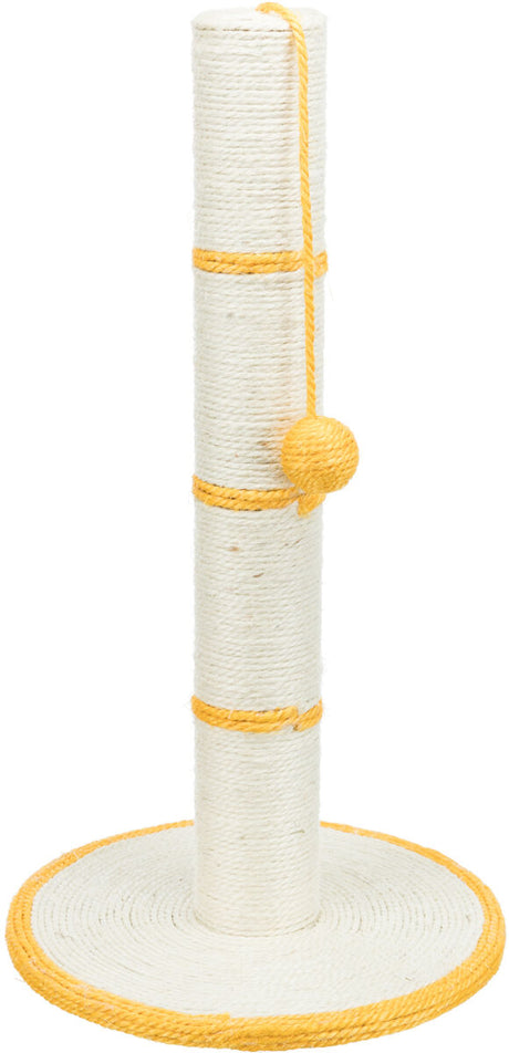 Kratzsäule aus beigem Seil mit gelben Akzenten, runde Basis und hängendem Ball an der Seite.