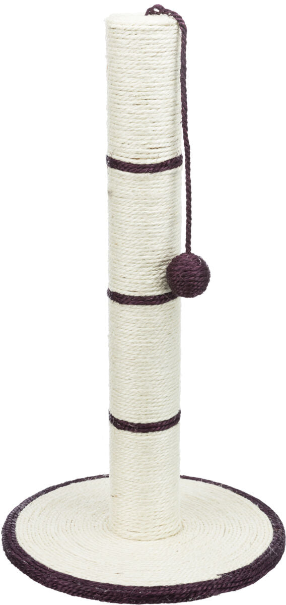 Kratzbaum mit hellem Sisal umwickeltem Stamm, runde Basis und dunkelviolettem Spielball an Schnur.