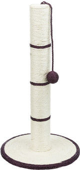 Kratzbaum mit hellem Sisal umwickeltem Stamm, runde Basis und dunkelviolettem Spielball an Schnur.