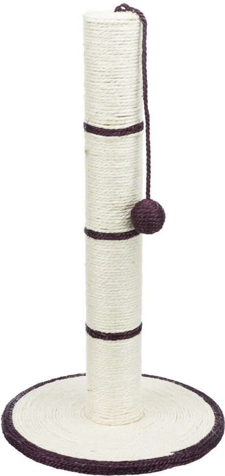Kratzbaum mit hellem Sisal umwickeltem Stamm, runde Basis und dunkelviolettem Spielball an Schnur.