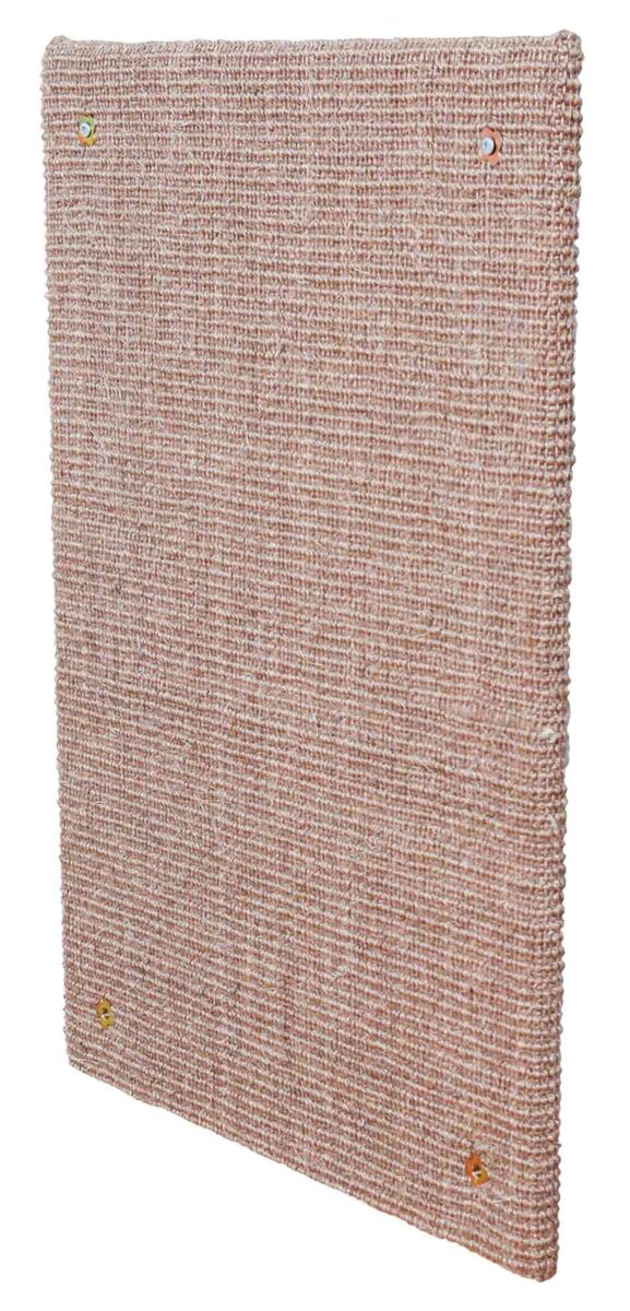 Rechteckige, beige Matte mit grober Struktur, an einer Oberfläche befestigt, Schrauben an den Ecken sichtbar.