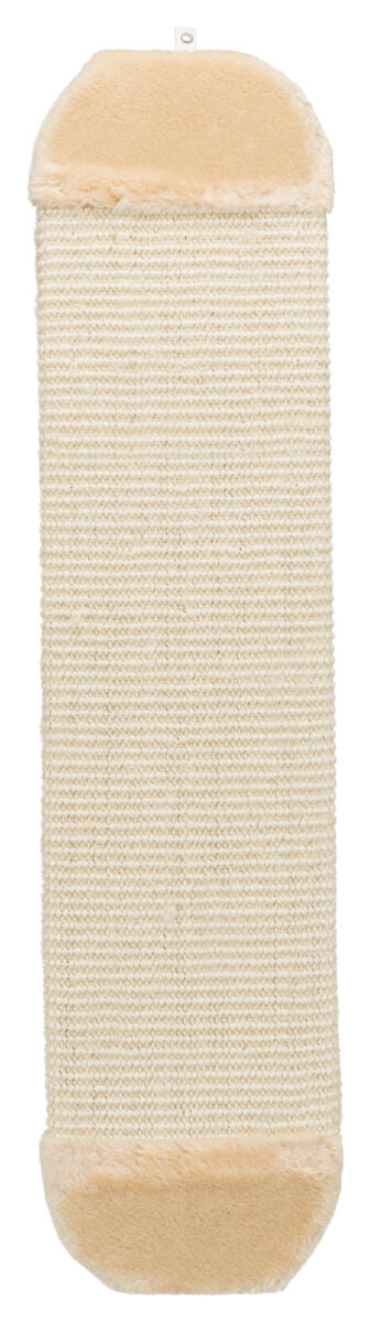 Beigefarbenes, rechteckiges Kratzbrett mit Rahmen aus weichem Material und Textur aus grob gewebtem Stoff.