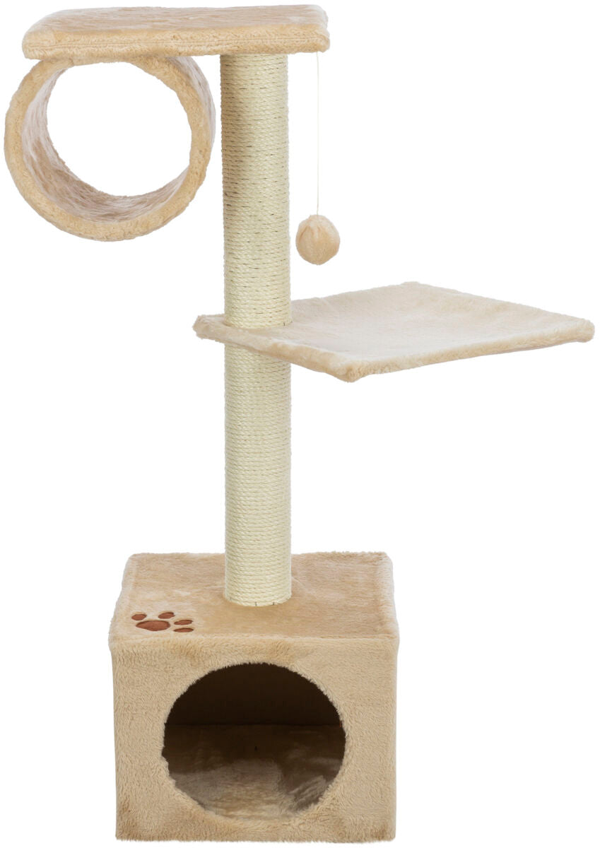 Kratzbaum mit zwei Plattformen, Röhre, Sisalstamm und hängendem Spielball in beigem Plüschdesign.