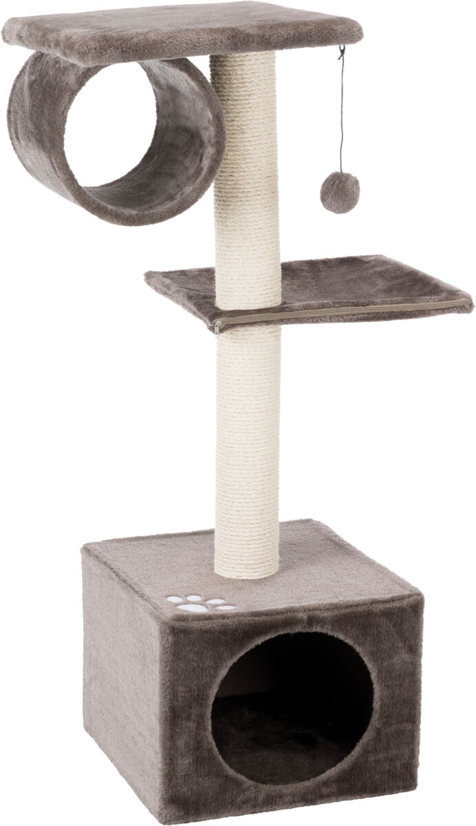 Kratzbaum mit braunem Plüsch und Sisalstamm, zwei Plattformen, einer Röhre, einem Spielball und einer Höhle.