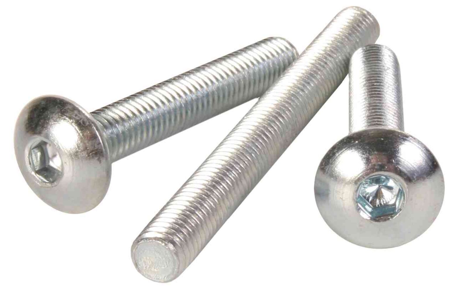 Drei silberfarbene Metallschrauben mit durchgehendem Gewinde und Innensechskantkopf auf weißem Hintergrund.