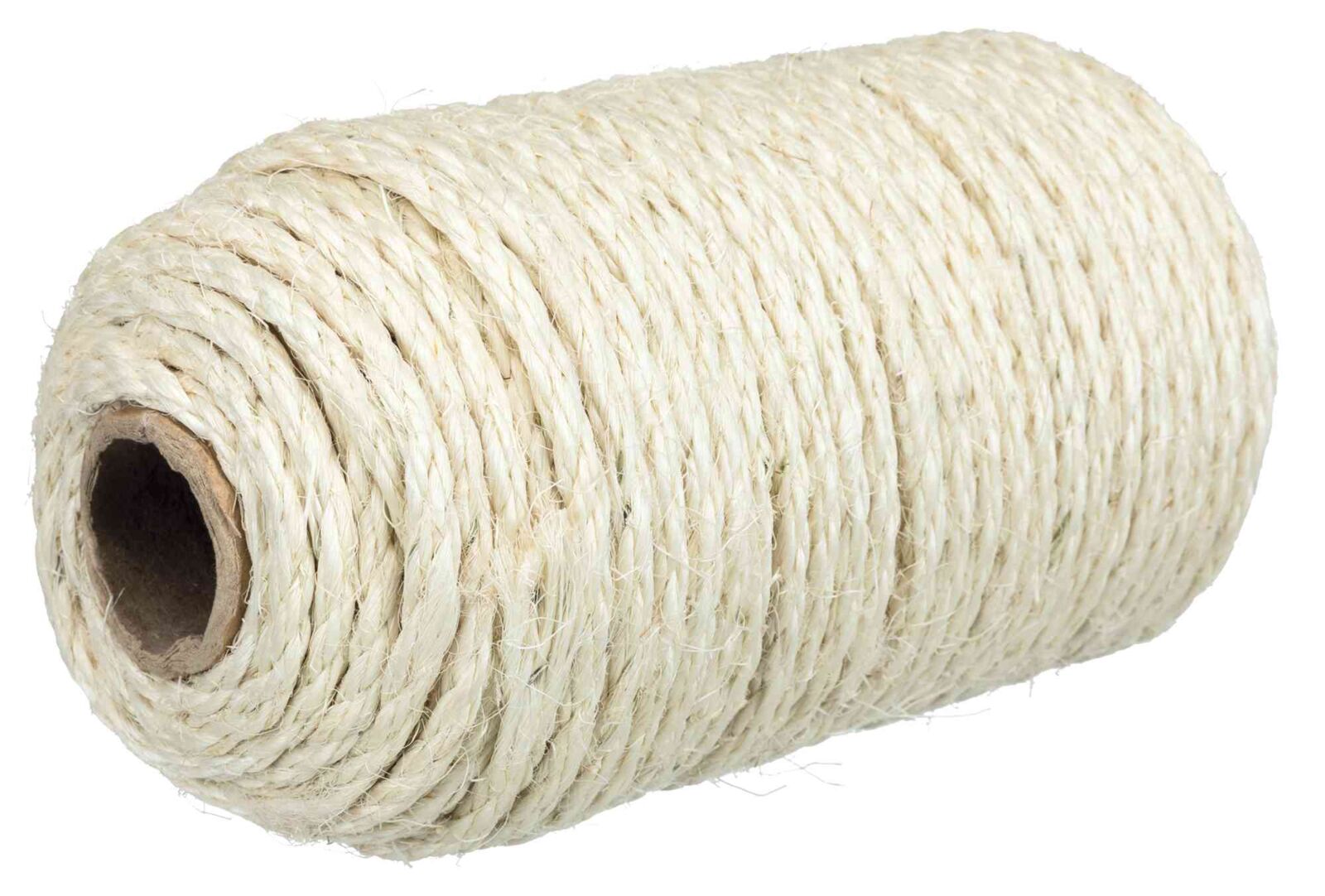 Beige Rolle aus geflochtenem Seil mit sichtbarem Pappkern, rund und kompakt gewickelt.