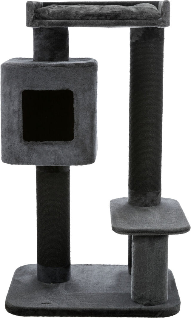 Katzenbaum mit mehreren Ebenen in grau und schwarz, besteht aus einer Höhle und drei Plattformen.