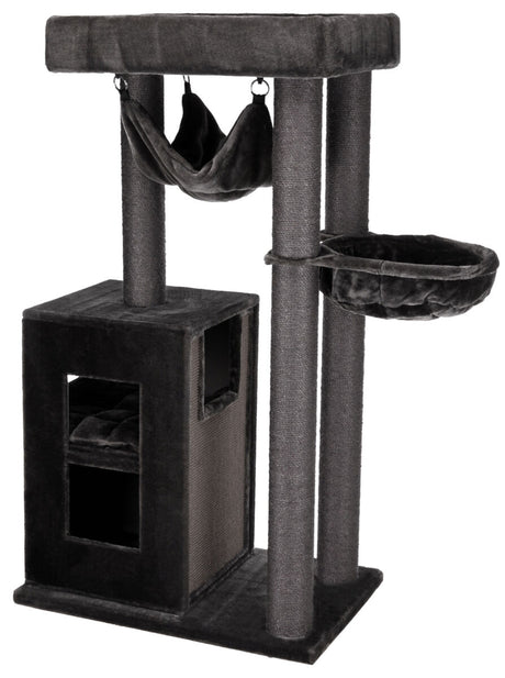 Schwarzer Kratzbaum mit zwei Pfosten, Hängematte, Liegeplatz und rechteckiger Höhle auf einem rechteckigen Sockel.
