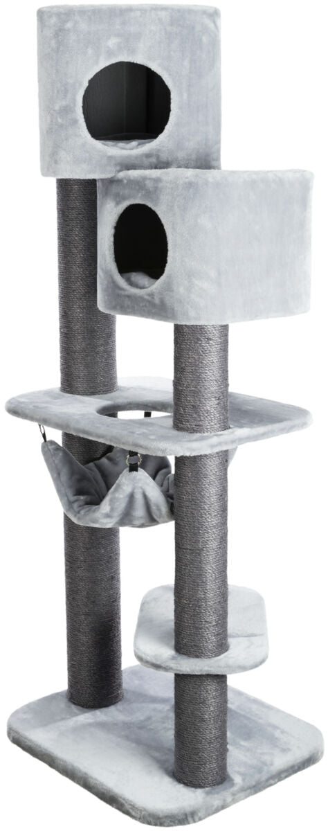 Katzenbaum mit mehreren Plattformen, Höhlen und einer Hängematte in grau, mit Kratzsäulen aus Seil umwickelt.