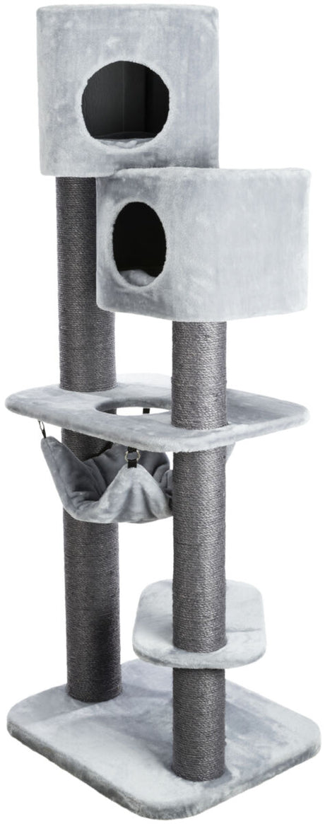 Katzenbaum mit mehreren Plattformen, Höhlen und einer Hängematte in grau, mit Kratzsäulen aus Seil umwickelt.
