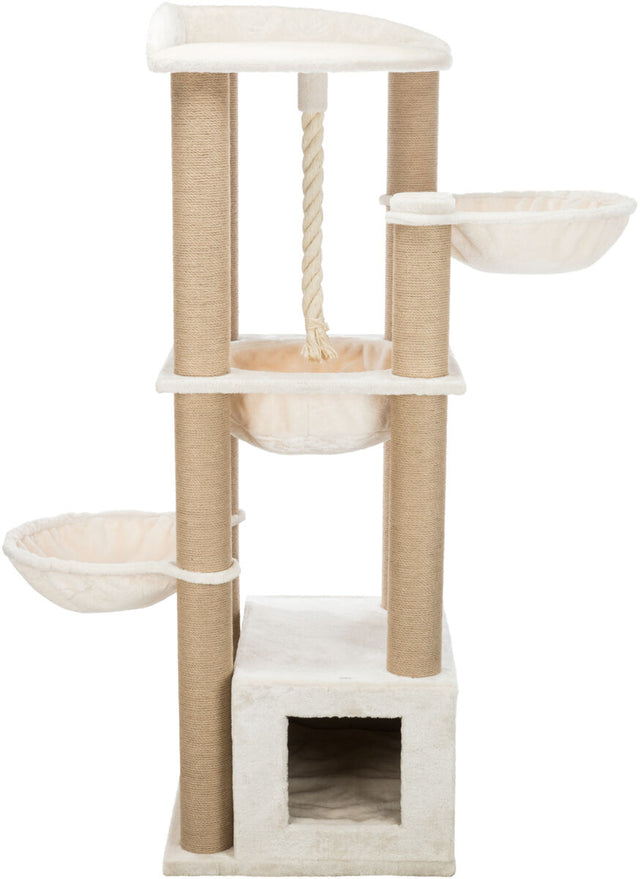 Beiger Kratzbaum mit mehreren Ebenen, Schlafhöhlen und Sisalstämmen, an dem ein Seil zum Spielen befestigt ist.