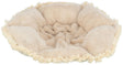 Beiges, rundes, flauschiges Kissen mit Fransenrand aus weichem Stoff, sichtbar von oben.