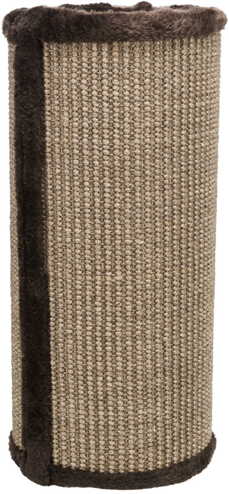 Zylindrischer Kratzbaum aus grobem, beige-braunem Sisal mit weichem, dunkelbraunem Plüsch an den Rändern.
