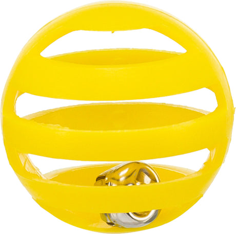 Gelber, durchbrochener Ball mit integrierter kleiner Glocke, aus Kunststoff gefertigt, kugelförmiges Spielzeug.