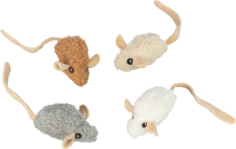 Vier weiche Spielzeugmäuse in Braun, Beige, Grau und Weiß mit langen Schwänzen und kleinen Ohren.