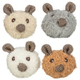 Vier flauschige, runde Plüschbälle mit Bärengesichtern in grau, beige, braun und weiß, jeweils mit gestreiften Ohren und Nase.