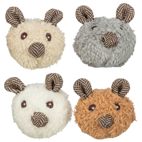 Vier flauschige, runde Plüschbälle mit Bärengesichtern in grau, beige, braun und weiß, jeweils mit gestreiften Ohren und Nase.