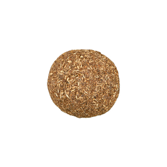 Brauner, runder Ball aus natürlichem Material mit texturierter Oberfläche, auf weißem Hintergrund.