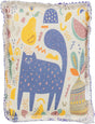 Kissen mit buntem, abstraktem Muster und Motiv einer blauen Katze auf hellem Hintergrund, umlaufender Saum.