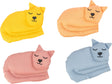 Vier Stoffkatzen in den Farben Gelb, Orange, Rosa und Blau, mit geschlossenen Augen und gestickten Gesichtszügen.