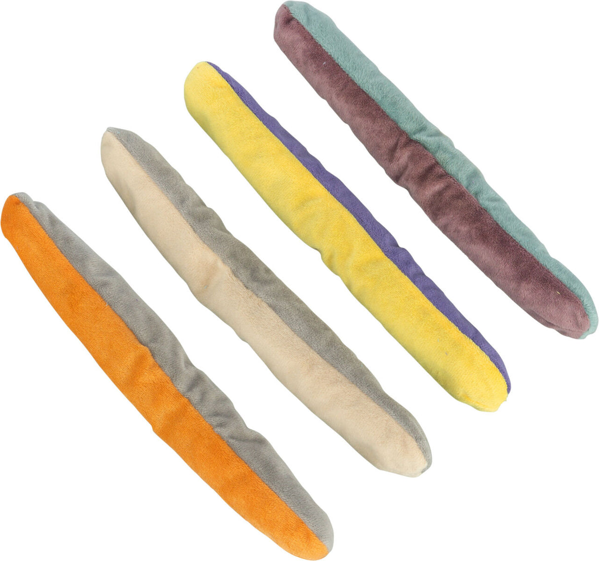 Vier längliche, bunte Stoffobjekte in Orange, Grau, Beige, Gelb, Lila, Hellblau und Braun.